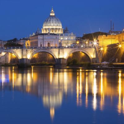 Saint Angel Bridge And Saint Peter Cathedral With A Mirror Reflection In The Tiber River During Morning Blue Hour In Rome Italy2