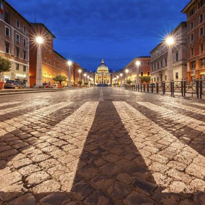 View Of The Papal Basilica Of St Peter In The Vatican Or Saint Peter Cathedral During Morning Blue Hour In Rome Italy