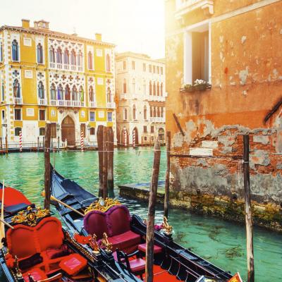 Gondolas On Grand Canal In Venice Italy Famous Travel Destination